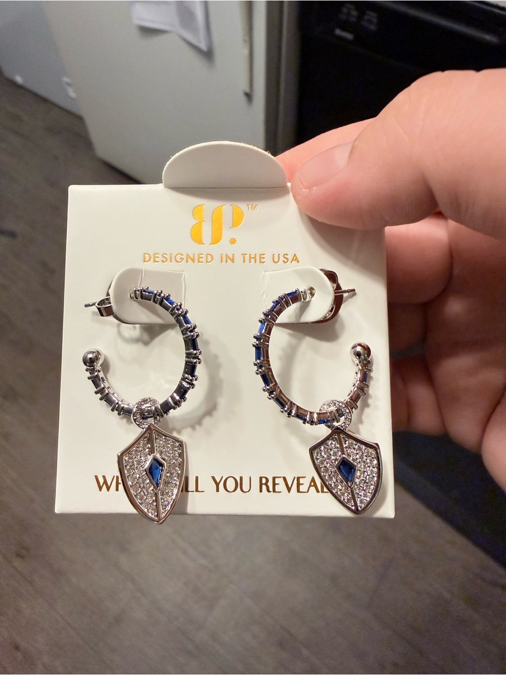 Iconic behavior BP Silver Hoop Earrings with Blue Crystal Shield Drops